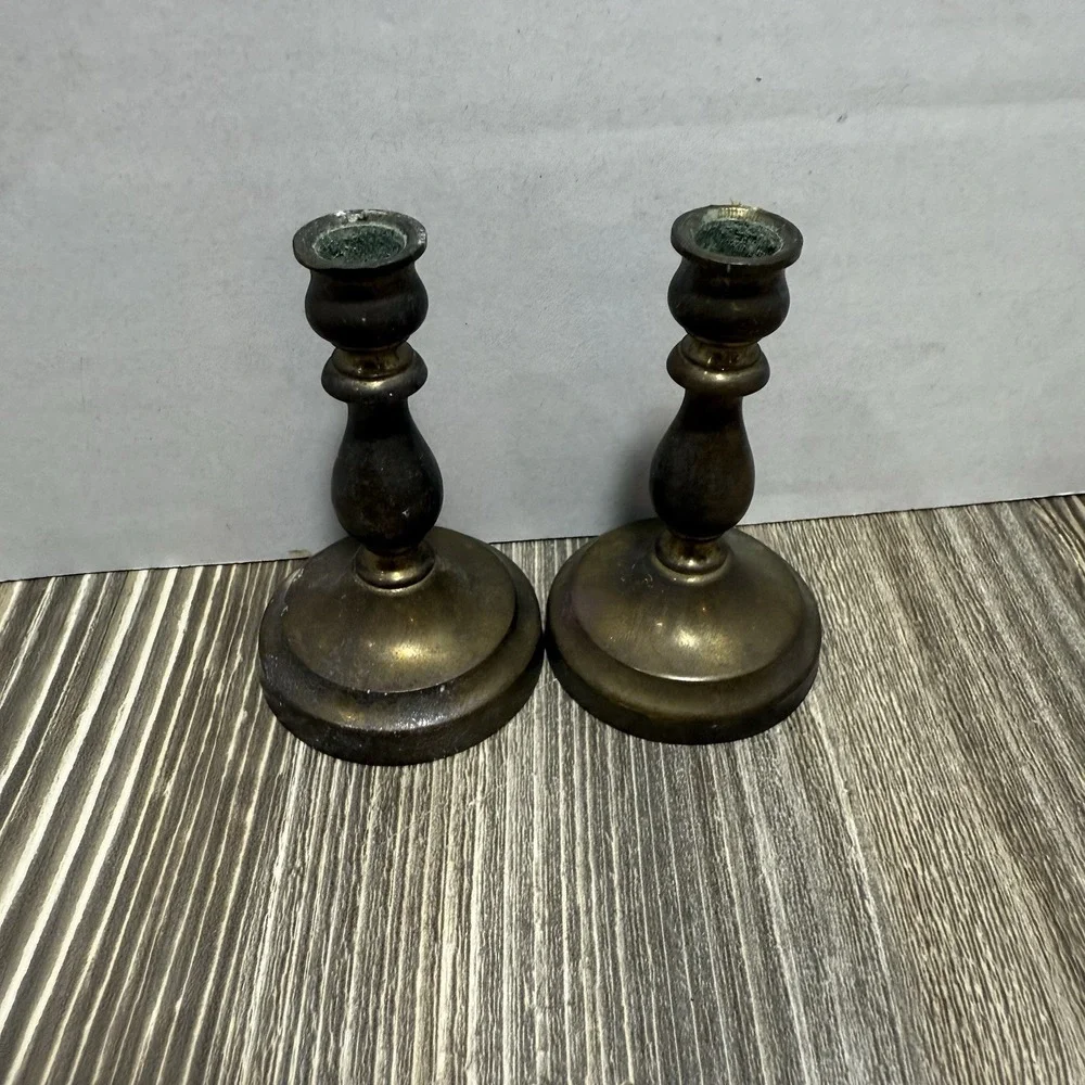 Vintage‎ dark patina brass miniature  Candlesticks pair